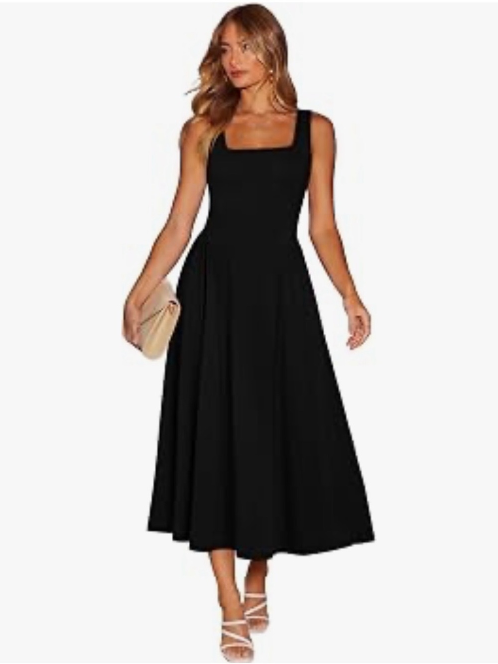 Classic Black Midi Dress with Square Neck